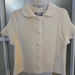Zara Ivory Short Sleeve Knit Cardigan